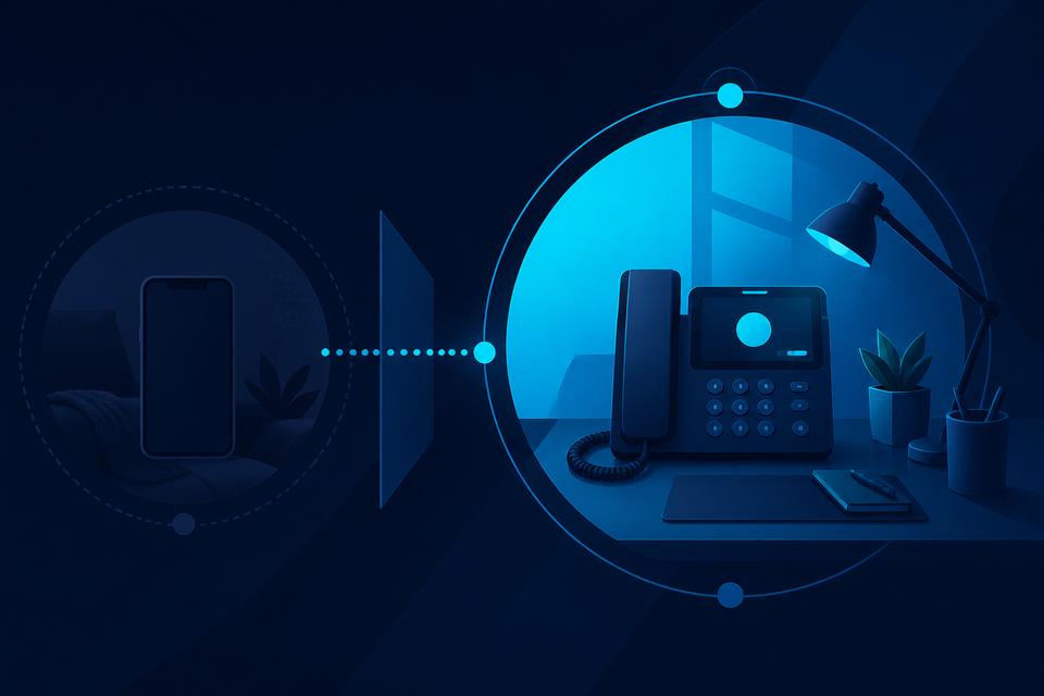 Abstract home desk softphone node separated from a personal device silhouette